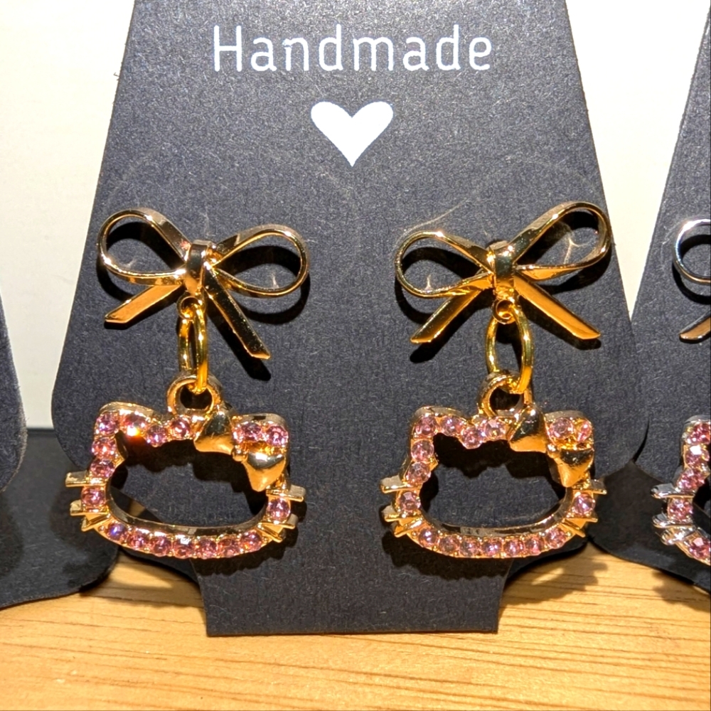Handmade Rhinestone Cat Head And Bow Earrings - Assorted Colors